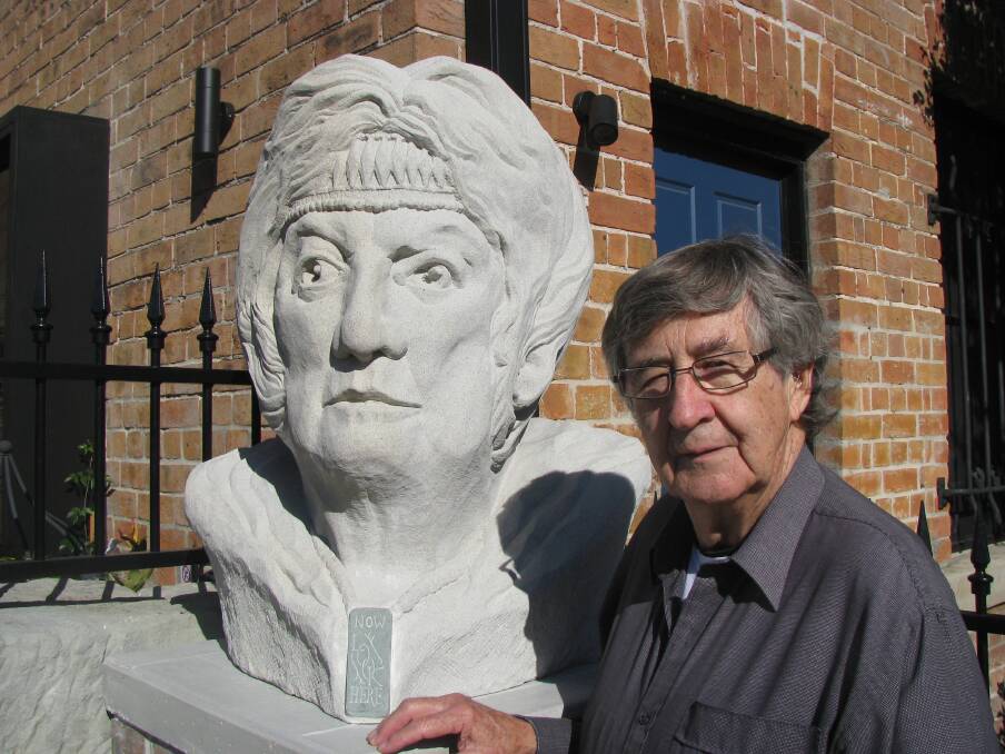 LEGENDS: David Thomas with the new sculpture of former gallery owner Anne von Bertouch in Laman Street. Picture: Mike Scanlon
