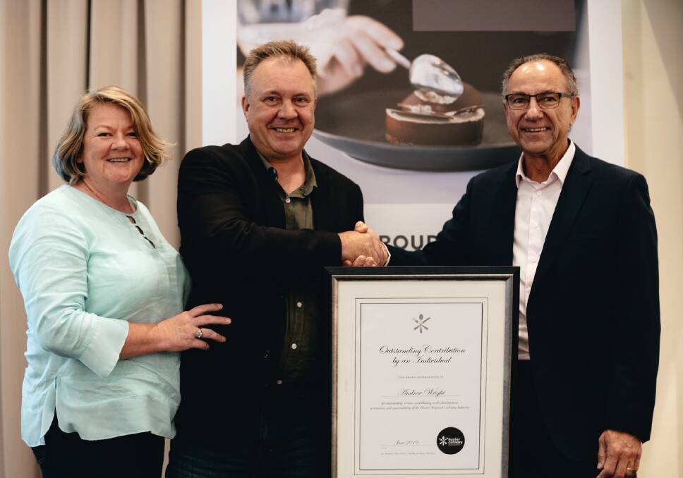 ADVOCATE: Restauranteur Andrew Wright, pictured with Janet Wright and Gus Maher, was awarded the HCA's highest honour of Outstanding Contribution by an Individual.