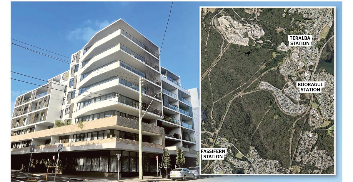 An eight-storey residential block in Parry Street. Inset - Booragul station, which is on a long, slow loop in the rail line, will at some point become a candidate for closure. Source: Google Earth 