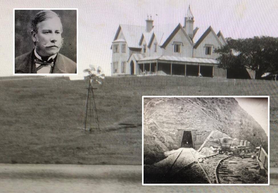 PIONEER: E.C. Merewether and his home, The Ridge (later Hillcrest). Inset: A Merewether beach coal rail tunnel. Pictures: Supplied