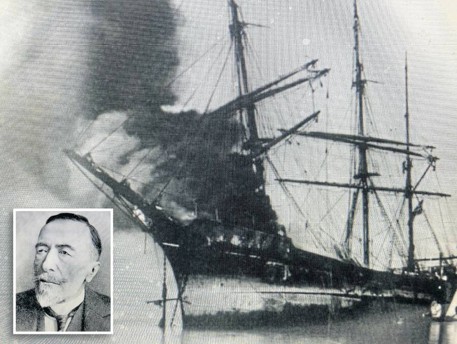 In a past age without radio or GPS technology to alert rescuers, there was no more terrifying sight than a sailing ship helpless and in flames at sea. Inset: Author Joseph Conrad 
