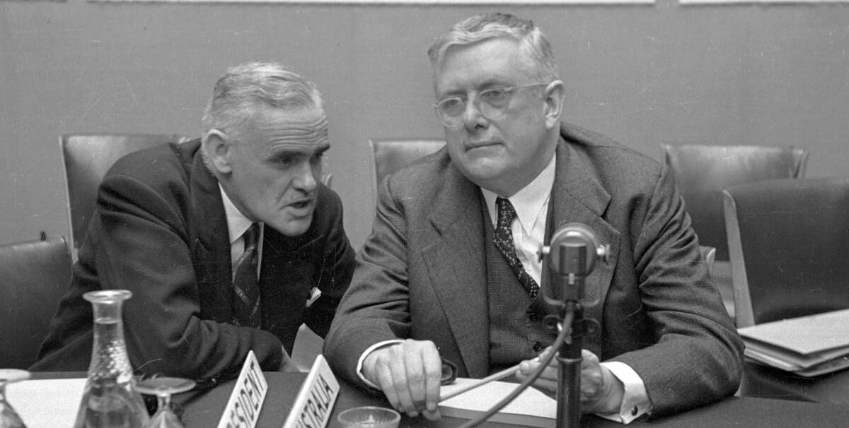 UN LEADER: Dr H.V. Evatt, right, at a UN conference in Paris in 1948. It was one of the Doc's many leadership roles. Picture: Getty