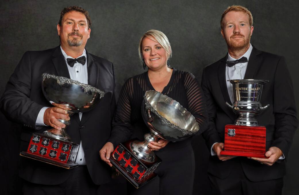WINNERS: Jerome Scarborough (viticulturist of the year), Liz Silkman (winemaker of the year) and Alex Beckett (young achiever of the year). Picture: Elfes images.