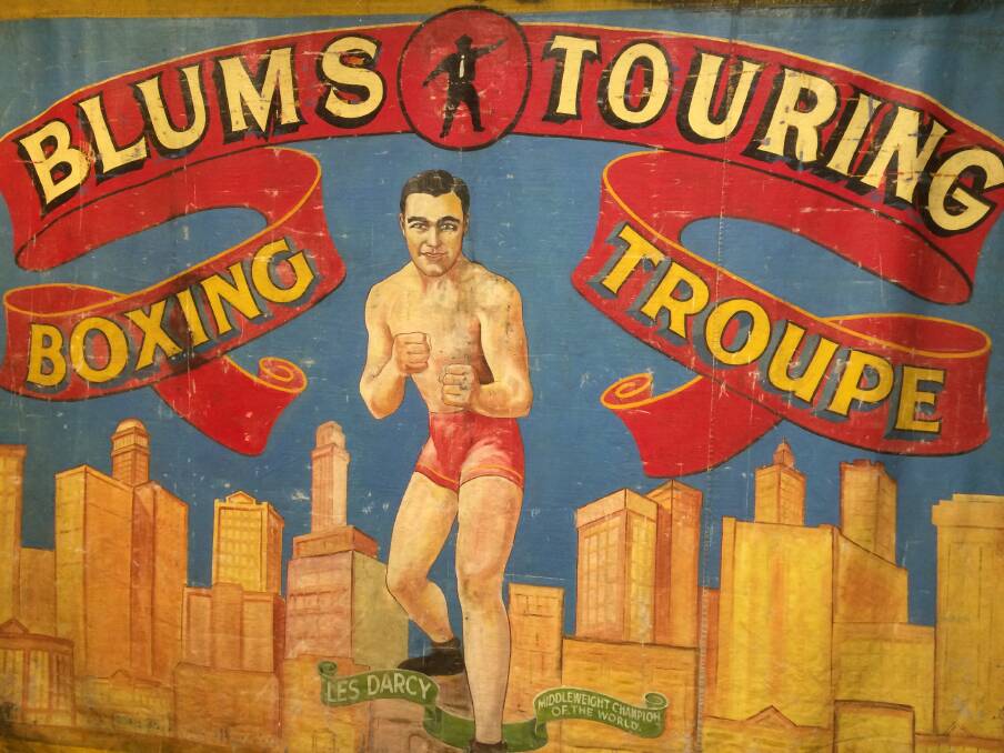 Maitland's Les Darcy (1895-1917) advertised on a canvas tent wall from Blum's travelling
boxing troupe. It toured WA mining towns in the 1950s. Picture: MRAG