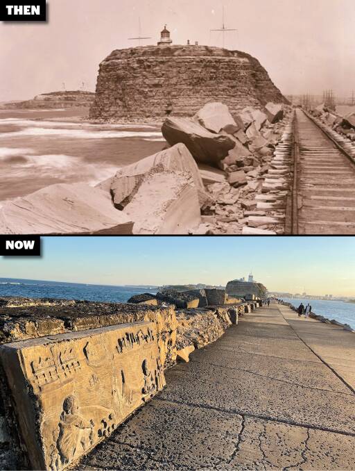 CONTRAST: Top: Nobbys, circa 1890, once lined by sandstone boulders; Bottom: Nobbys breakwater today with the 1997 bas-relief block artworks. Picture: David Scanlon