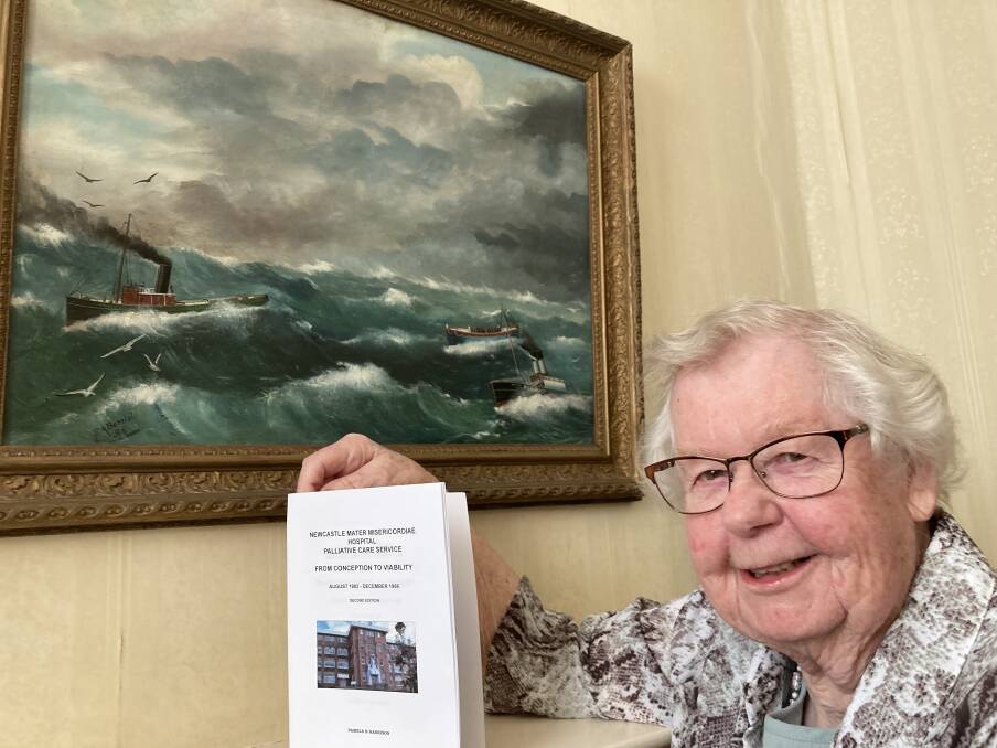Haematologist Pam Harrison with her 1896 artwork of the rescue of the port lifeboat by a tug skippered by her great-grandfather, Henry Newton. Picture: Mike Scanlon