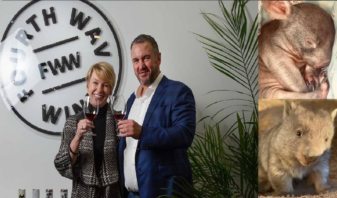 DECISION TO MAKE A DIFFERENCE: Frances and Nicholas Crampton, of Fourth Wave Wine, and wombat joey Ash after his rescue and as a healthy adult almost ready for release into the wild. 