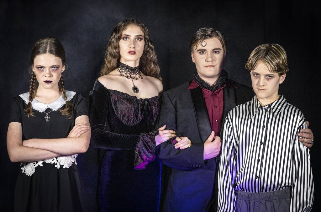 Spooky cast: Byrnn Jackson as Wednesday, Jasmyn Stojkovski as Morticia, Samuel Jenkins as Gomez and Dallas Bartlett as Pugsley in The Addams Family: Young@Part.