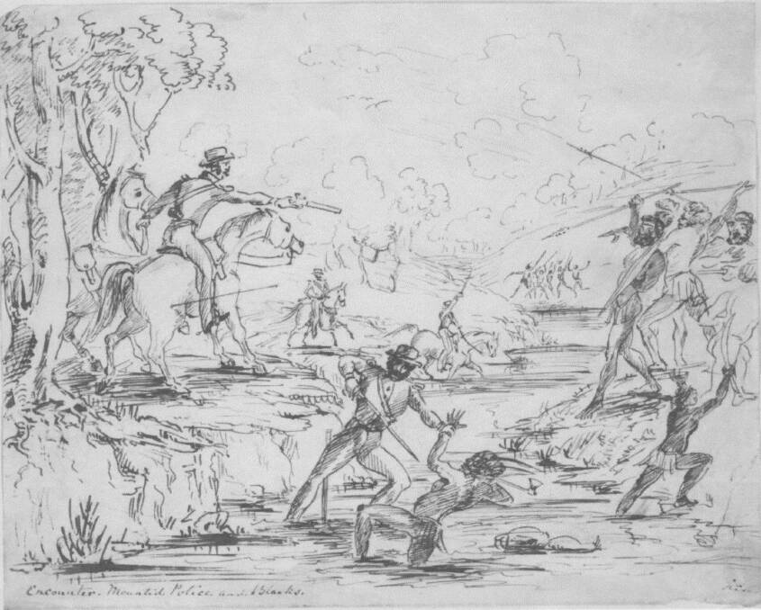 FATAL: Artwork shows mounted police clashing with resisting Aboriginals in 1840. Picture: Courtesy National Library of Australia