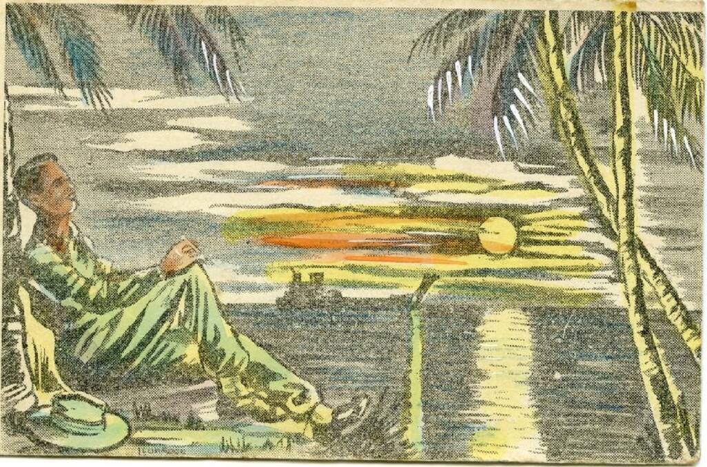TROPICAL FULL MOON, THINKING OF HOME: A postcard by Sgt Leslie Lumsdon, who was a post-war cartoonist with The Newcastle Herald. Image: UoN's Cultural Collections 