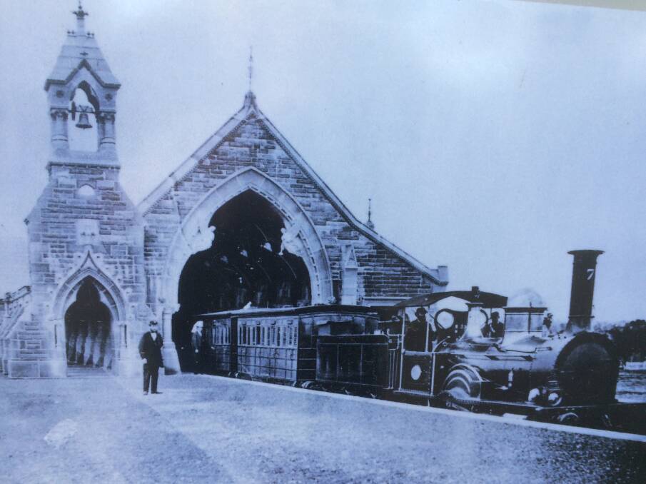 Last stop: A funeral train at Rookwood's first mortuary station. The dismantled bell
tower was later moved to the other side.