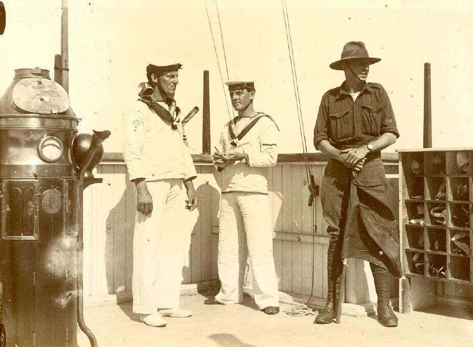 SAFE JOURNEY: From the beginning, the navy supported the AIF. Australian naval men attached to a warship escorting the first convoy of 1914. Photo: Courtesy of Juan Mahony.