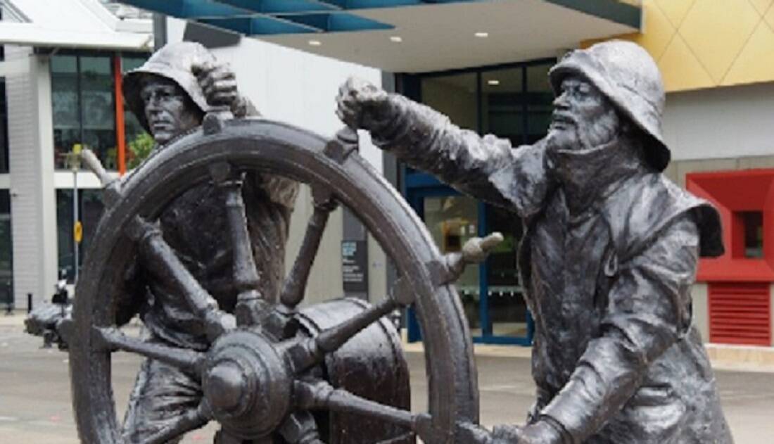 ARTEFACT: This windjammer helm statue at Sydney's Darling Harbour shows a similar historic ship's wheel now kept in storage there. Picture: Monument Australia