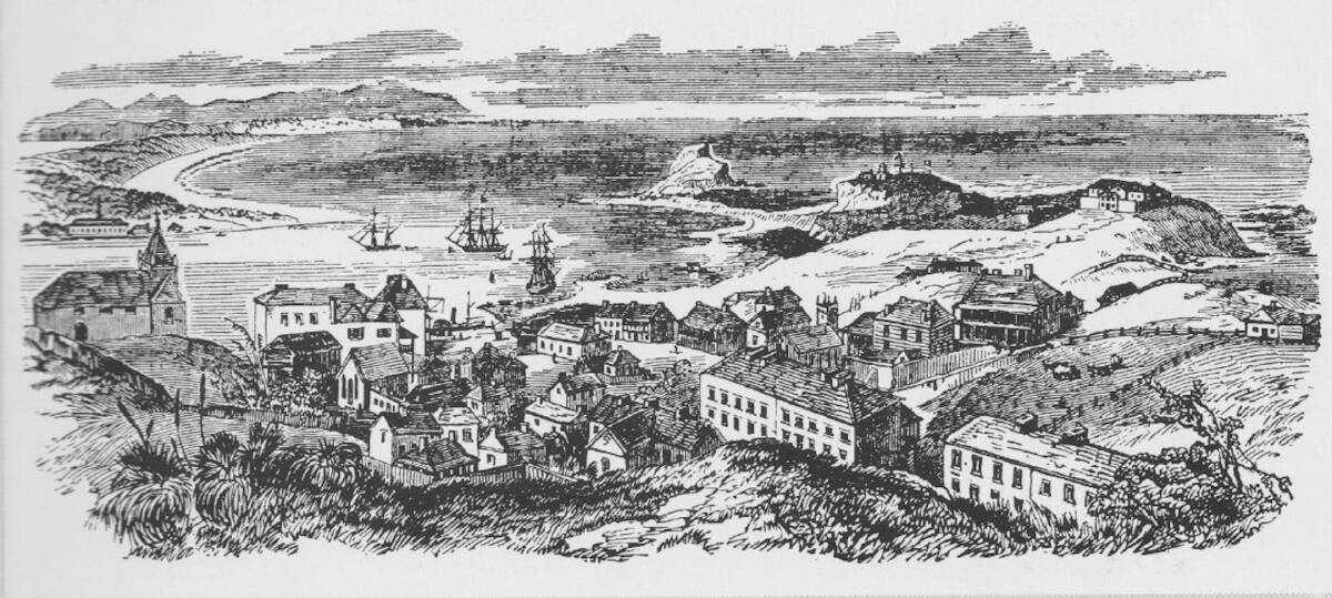 A TOWN DIVIDED: This 1853 sketch of Newcastle clearly shows the sand dunes hindering East End development. The old jail is at top right. Picture: Supplied