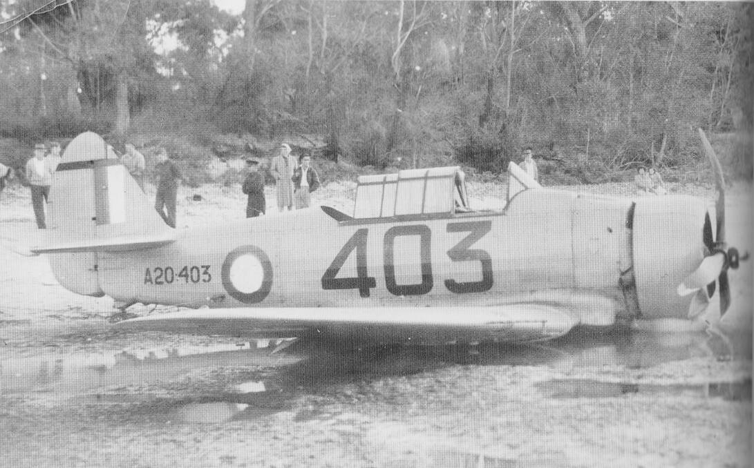 An Aussie Wirraway aircraft survives a forced landing on Bagnalls beach in wartime. Picture: Port Stephens Historical Society 