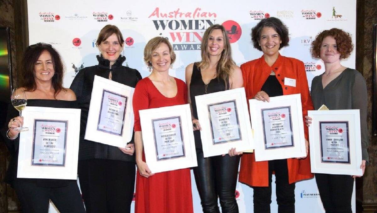 2017 AWIWA winners: From left, Virginia Willcock, Sue Hodder, Jennifer Doyle, Ebony Tinkler, Sarah Ahmed of The Wine Detective (honorary Australian woman in wine) and Sarah Collingwood.
