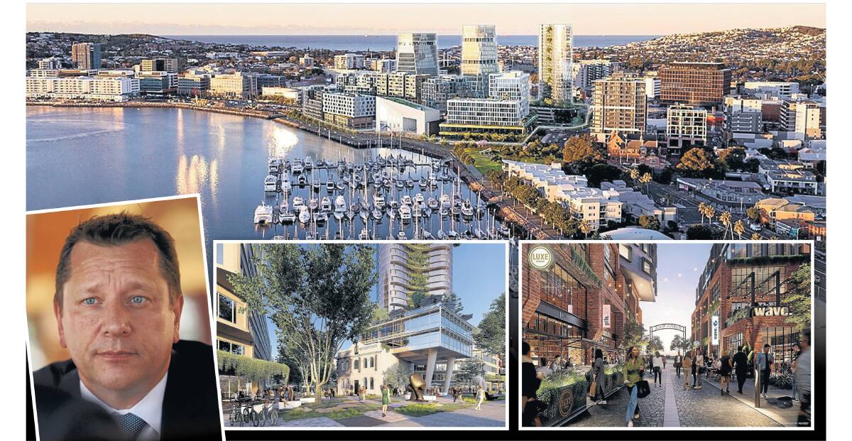 NSW Planning and Public Spaces Minister Paul Scully, and Hunter and Central Coast Development Corporation marketing images showing what Honeysuckle HQ could look like.