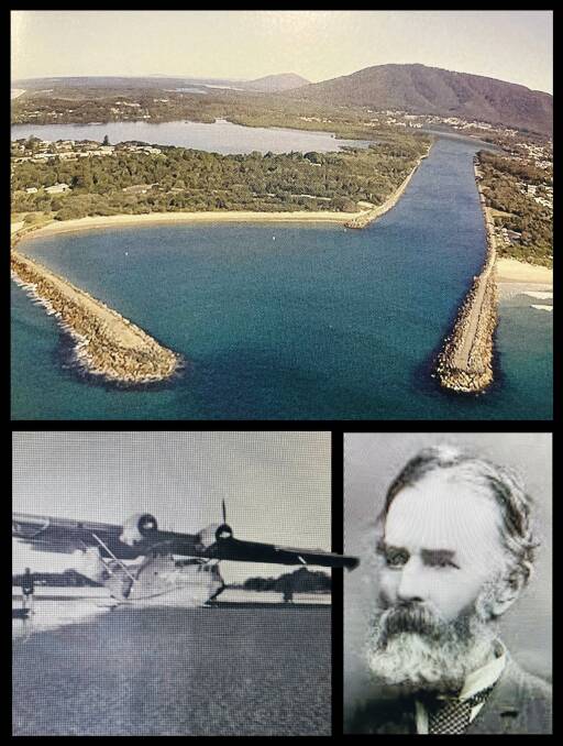 IMPACT: The Camden Haven River mouth and break walls near Laurieton; Bob Hope's Catalina that crash-landed in 1944, and engineer EO Moriarty. Pictures: Supplied
