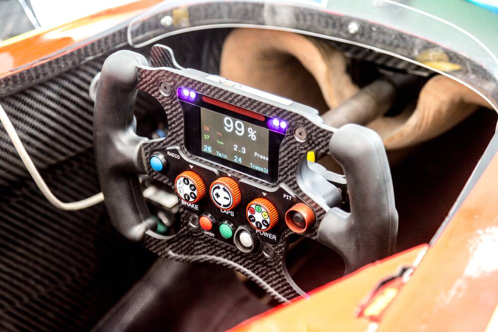 Formula E: Detail of steering wheel. The FIA Formula E Championship is a class of  using only fully electric-powered cars
