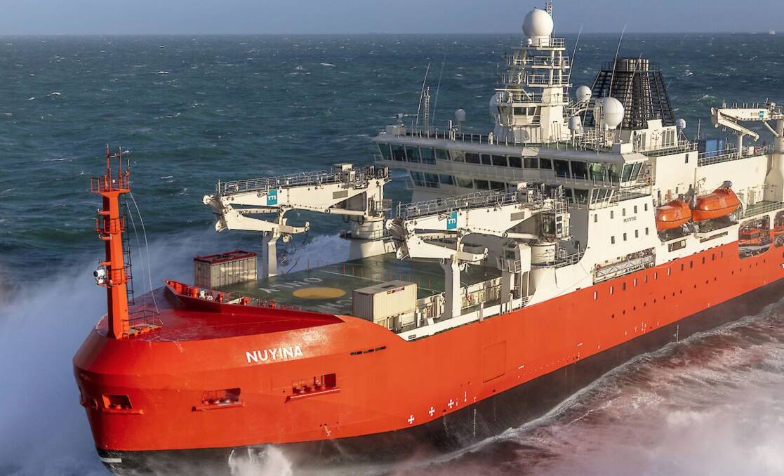 Freeze frame: The mighty new Aussie icebreaker Nuyina during sea trials voyaging to Hobart, Tasmania. Picture: Supplied