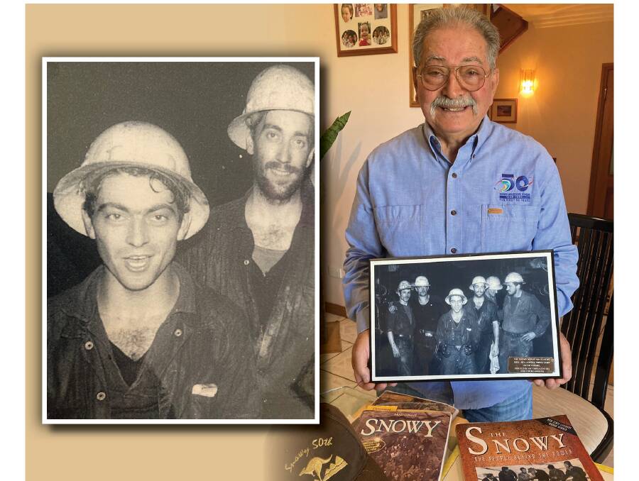 Former migrant Arnold De Antonis with reminders of his early life at the Snowy Mountains Scheme and a close-up of young Arnold (left) in the Geehi tunnel in 1963. Pictures by Mike Scanlon