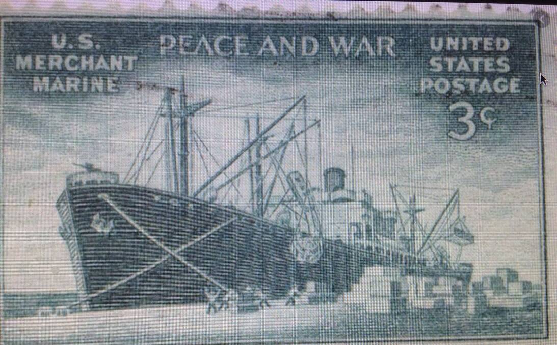 War effort licked: The US issued this stamp honouring its merchant marine in 1946. A Liberty ship is shown unloading cargo.