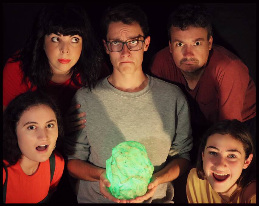 AFTER THE CRASH: The cast of Hermit Crabs and Meteors; back, Allison Van Gaal, Harry Lydiard, Phil McGrath; front, Savannah Geddes, Annie McLoughlin.