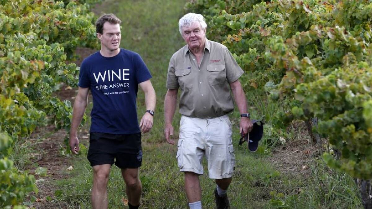John Davis and his son, Tim, inspect the showplace Tallavera Grove Hunter vineyard at Mount View.