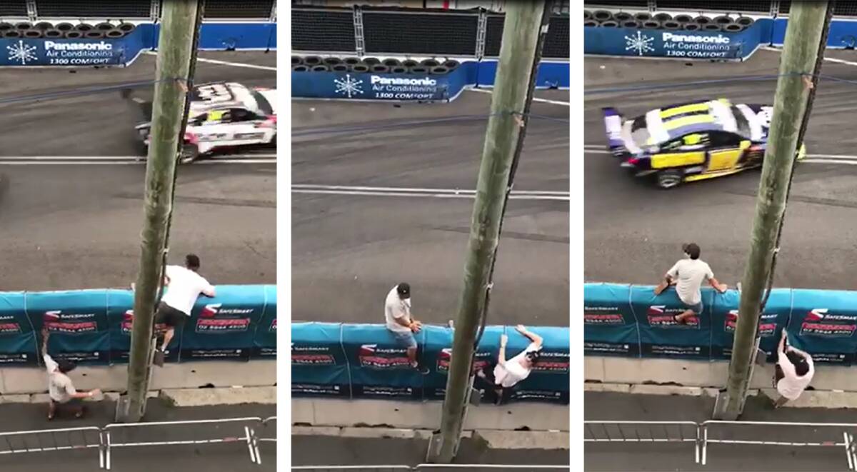 DANGER: Still images from a video showing two men climbing a fence in Scott Street as Supercars flash past on Saturday afternoon. Supercars is reviewing track safety after the incident.