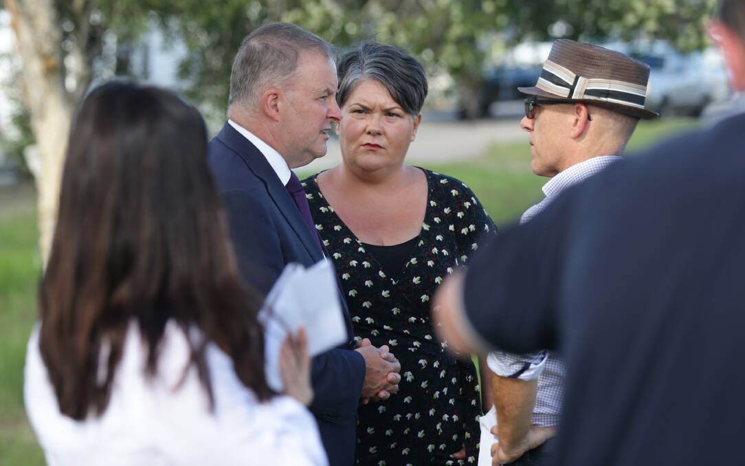 Meryl Swanson at a campaign event with Shadow Transport Minister Anthony Albanese at Hexham last month. Picture: Jonathan Carroll