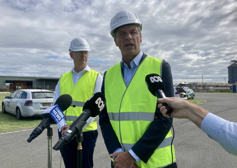 Energy Minister Angus Taylor, right, and Port of Newcastle chief executive officer Craig Carmody at Thursday's hydrogen announcement.