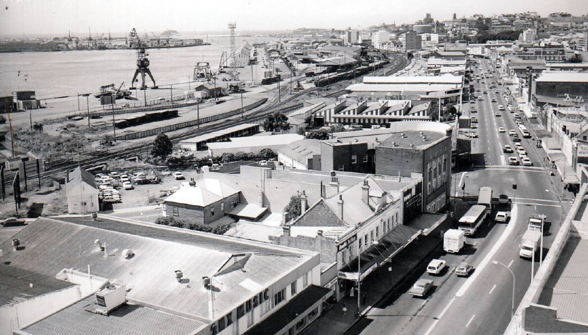 Hunter Street, the heavy rail line and the harbour during the 1970s.