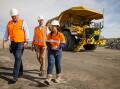 MINING FOR VOTES: Barnaby Joyce, James Thomson and Rix's Creek employee Crystal Jenner at the mine on Thursday. 