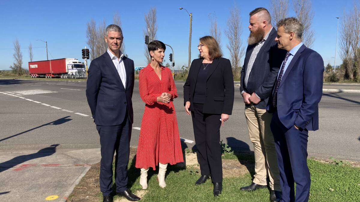 NSW Roads Minister John Graham, Port Stephens MP Kate Washington, Catherine King, Hunter MP Dan Repacholi and Minister for the Hunter Tim Crakanthorp at Hexham on Wednesday. 