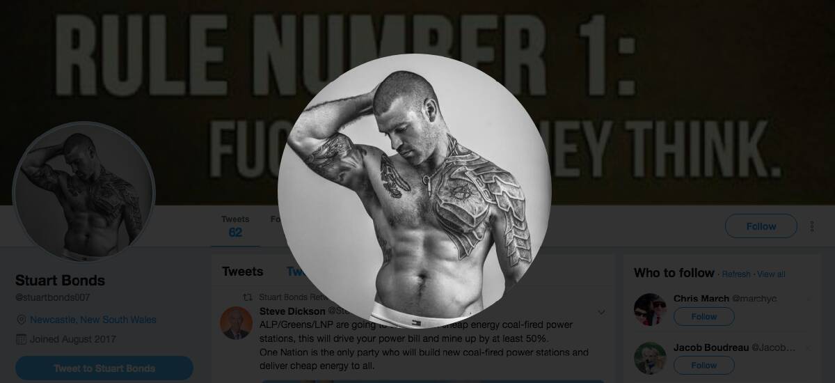 ONE NATION OR NO NATION: Stuart Bonds' Twitter page. The anarchy tattoo is on his left pectoral. 
