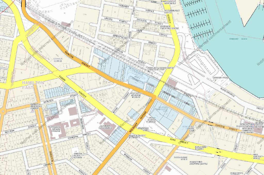 Government-identified "redevelopment sites", in blue, near Newcastle Interchange. 