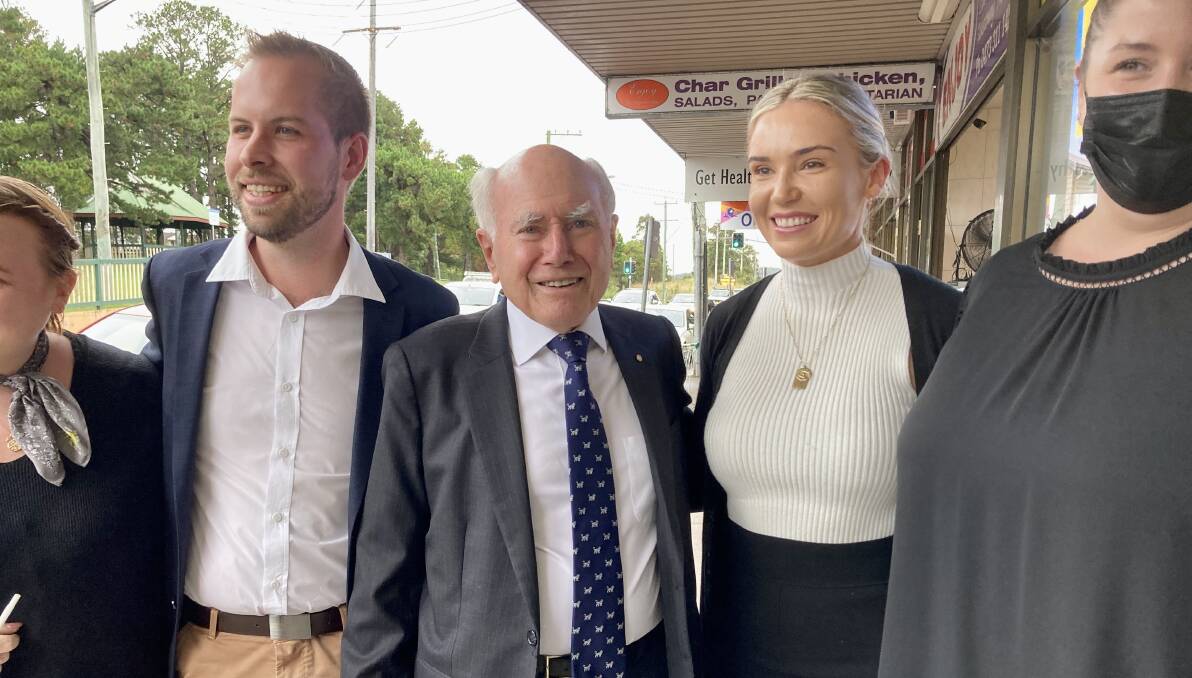 STAR POWER: Former Liberal prime minister John Howard campaigning in Morisset this week with Nationals candidate James Thomson.