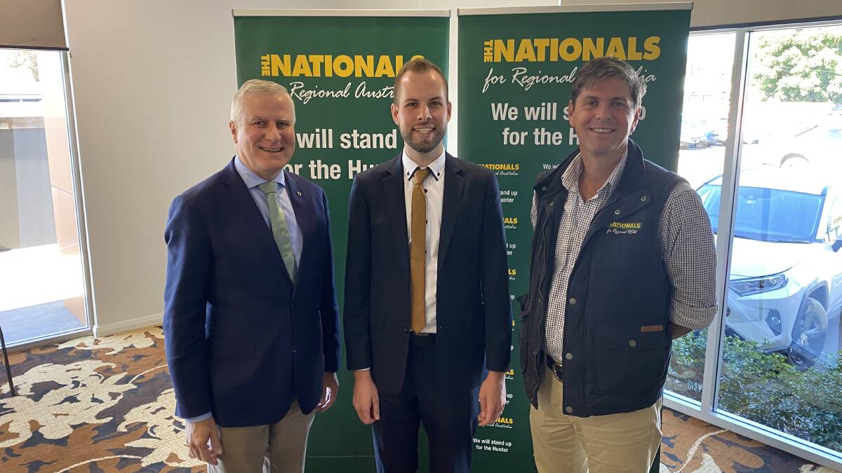 Deputy Prime Minister Michael McCormack with Hunter candidate James Thomson, centre, and Upper Hunter MP Dave Layzell last weekend.