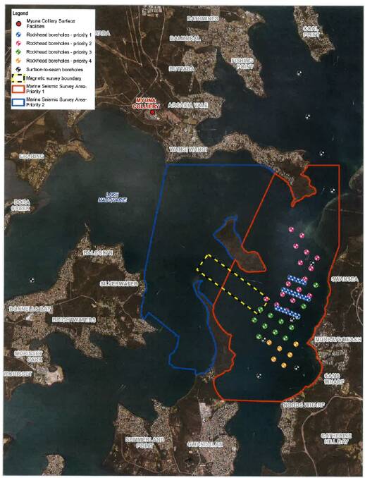 A map showing the survey area in red on the east side of Lake Macquarie. The dots represent drilling locations.
