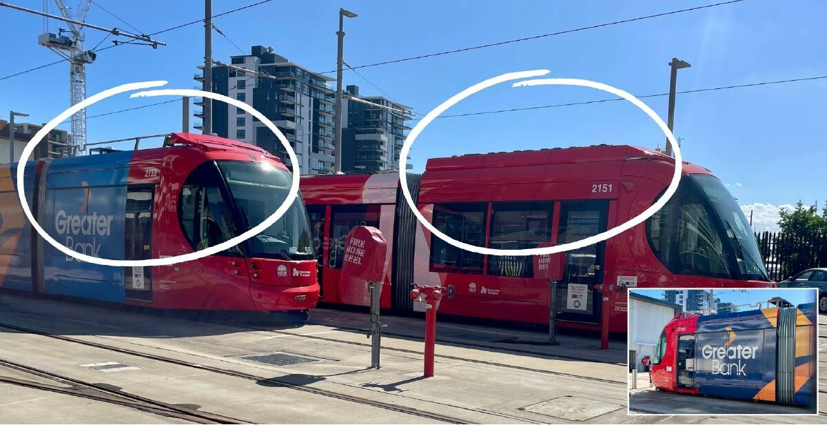 The 2155 tram, apparently missing its rooftop battery charging system, parked beside the 2151 at the light rail depot in Newcastle West. Pictures by Michael Parris