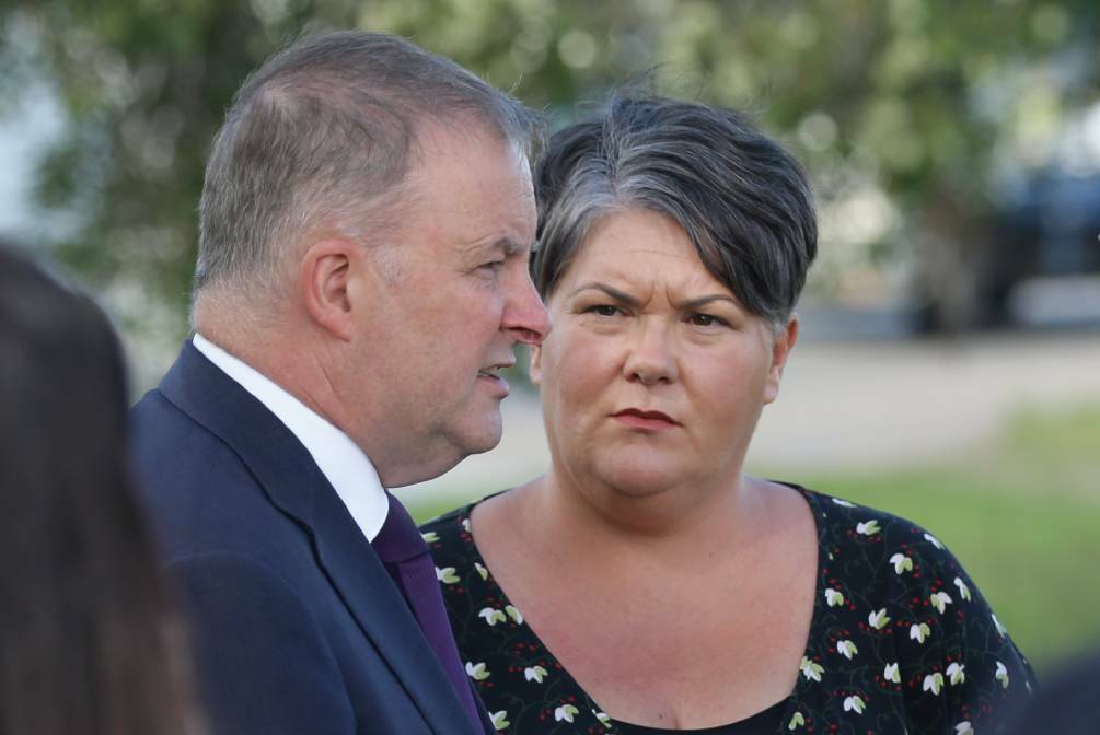 Meryl Swanson with then Labor infrastructure spokesman Anthony Albanese on the campaign trail in 2019. Picture: Jonathan Carroll