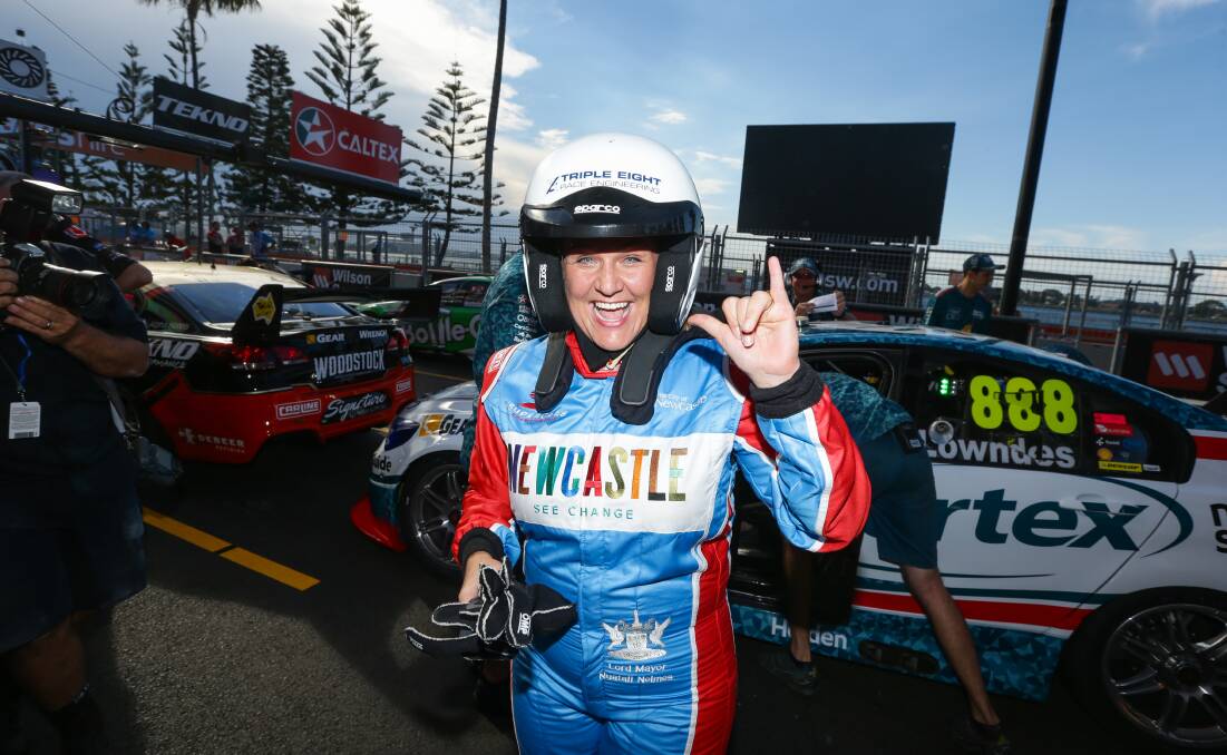 Nuatali Nelmes after her hot lap with Craig Lowndes. Picture: Jonathan Carroll
