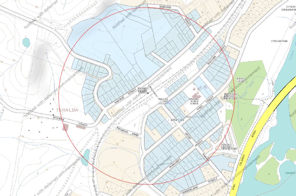 The Teralba Station zone, with government-identified "redevelopment sites" in blue. 