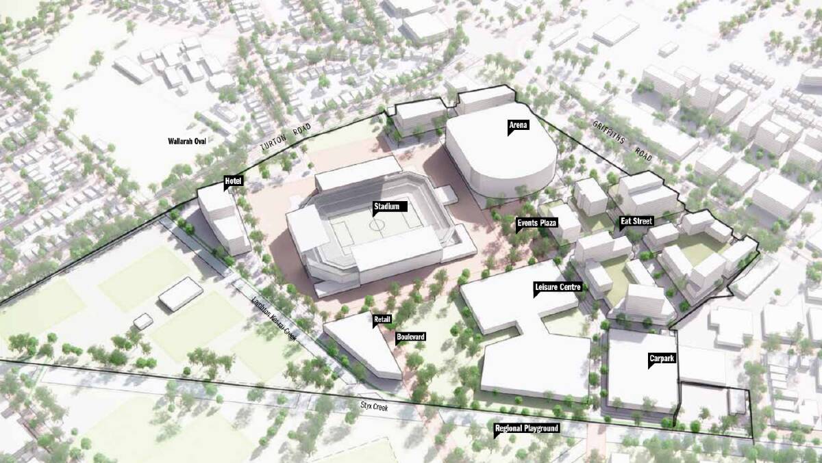 A site map of the proposed "entertainment quarter" at Hunter Park from a planning document prepared by urban design firm Hassell for Venues NSW last year. 