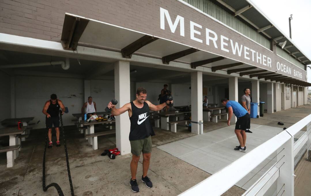 Former Knights rugby league players working out at Merewether Ocean Baths this year. Picture: Marina Neil 