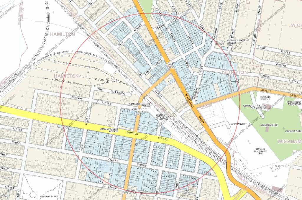 The Hamilton Station zone, with government-identified "redevelopment sites" in blue. 