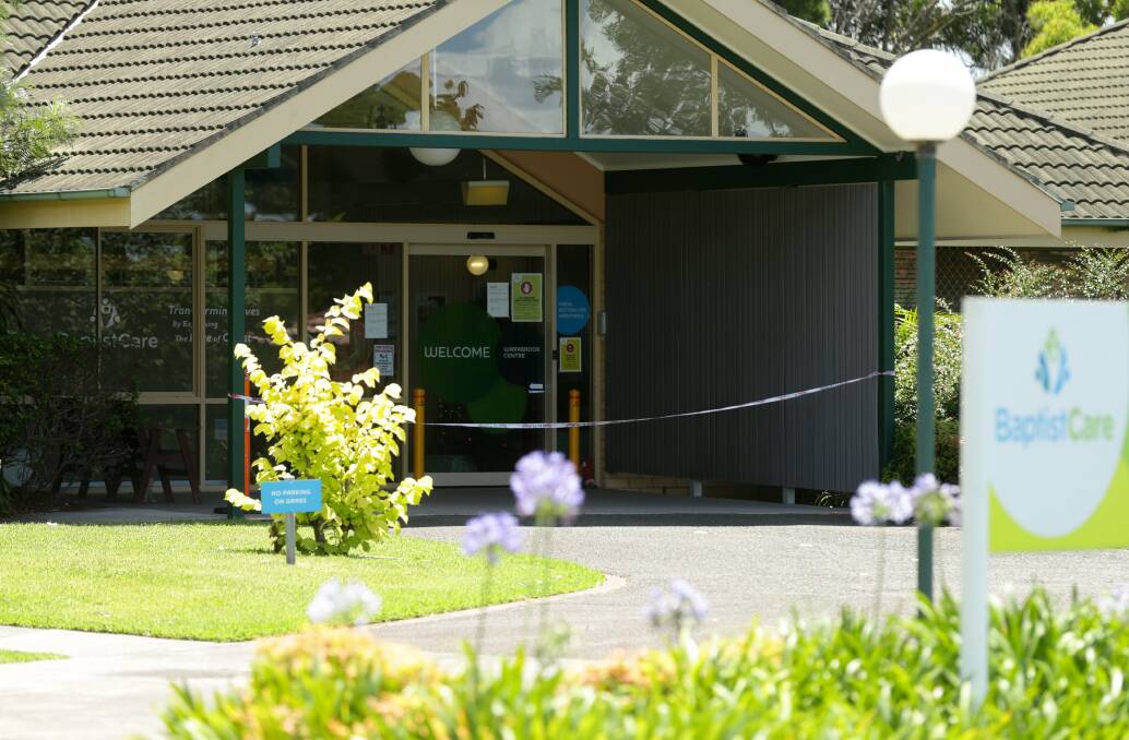 Outside the BaptistCare Warabrook Centre on Wednesday where two female residents have died after testing positive for COVID-19.