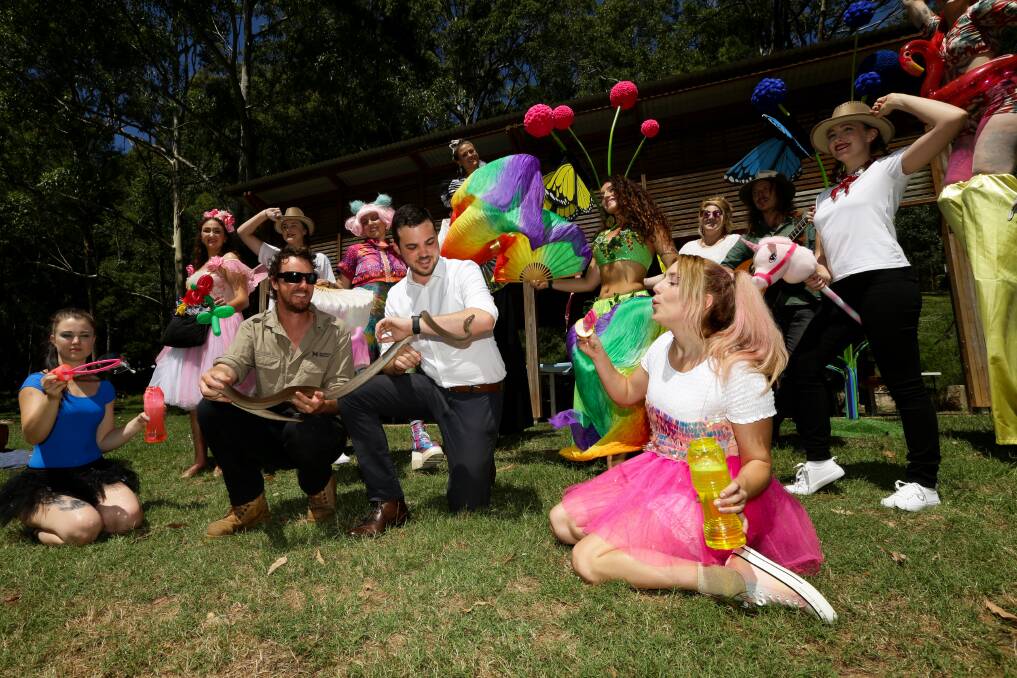 Cr Declan Clausen with street performers at Richley Reserve on Sunday. Picture: Jonathan Carroll