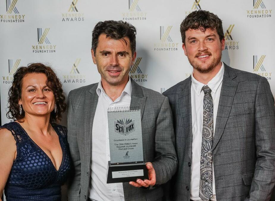 RECOGNITION: Herald reporters Donna Page, Matthew Kelly and Ethan Hamilton with the regional journalism Kennedy award on Friday night. Picture: Salty Dingo Media 