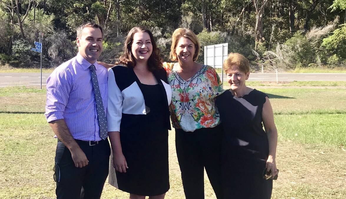 PLEDGE: Port Stephens mayor Ryan Palmer with Jaimie Abbott, Melinda Pavey and Catherine Cusack at the Fingal Bay link road announcement on March 5.